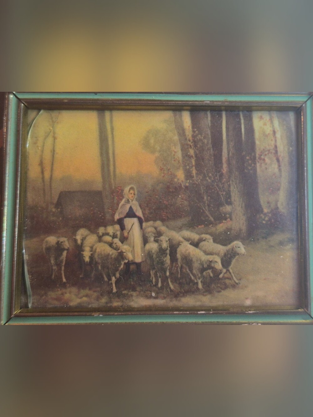 Vintage Shepherdess Wall Art Print in Green Frame